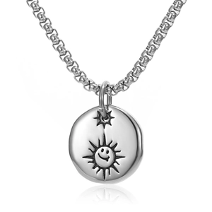 Punk Hip Hop Titanium Steel Smiling Sun Pendant Necklace Minimalist Round Tag Star Engraved Polished Stainless Steel Jewelry