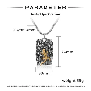 Detailed size chart for vintage bark texture gecko pendant with stainless steel chain