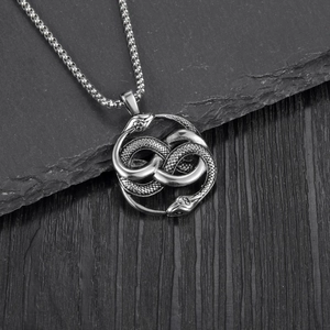Men's stainless steel necklace with vintage double snake infinity pendant and box chain