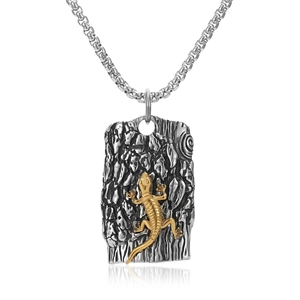 Stainless Steel Lizard Gecko Pendant Necklace For Men Bark Texture Hip Hop Jewelry Vintage Electroplated Square Tag Necklace