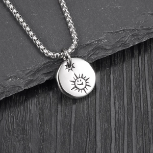 Silver stainless steel sun smiley face pendant necklace with box chain for men and women