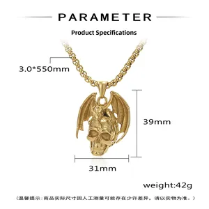 Détails du pendentif tête de mort dragon doré avec dimensions et chaîne de 3mm