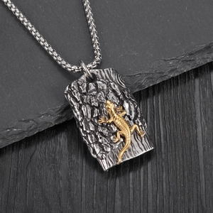 Mens stainless steel necklace with bark texture rectangle pendant and gold lizard