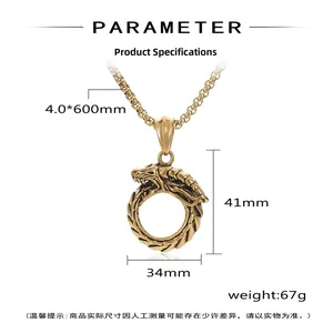 Spécifications de taille pour le pendentif dragon doré en acier inoxydable et collier