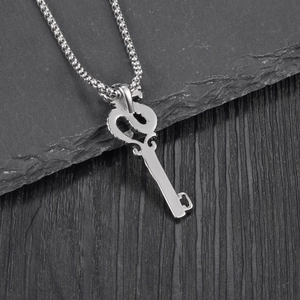 Vintage gothic silver key pendant necklace with heart details and polished bead chain