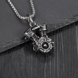 Retro stainless steel motorcycle engine pendant necklace for men with V-twin motor detail