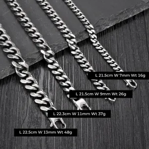 Bracelet gourmette pour homme en acier inoxydable argenté de 7mm à 13mm de largeur