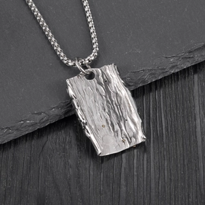 Hiphop industrial style stainless steel necklace with textured bark rectangle pendant