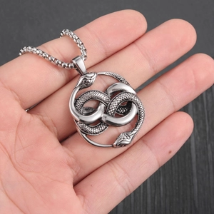 Retro stainless steel double snake circle pendant necklace for men with box chain