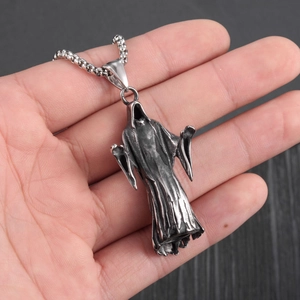 Gothic reaper pendant necklace in aged stainless steel with a sturdy ball chain