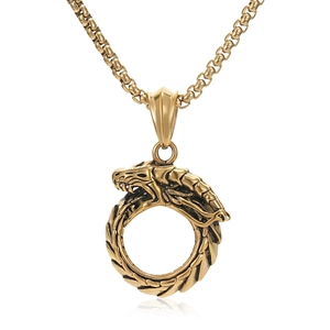 Collier pendentif dragon vintage doré en acier inoxydable avec écailles gravées