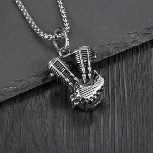 Retro V-twin engine motorcycle pendant necklace in silver stainless steel for men