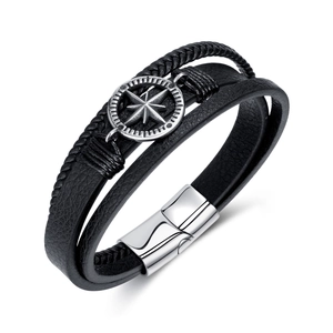 Bracelet pour Hommes Rétro Multicouche en Cuir Artificiel Tissé Avec Pendentif Étoile Boussole en Acier Titane Bijoux