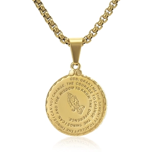 Gold stainless steel coin necklace with praying hands and serenity prayer engraving