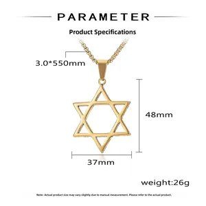 Dimensions détaillées du pendentif hexagramme doré avec lignes et infos de taille