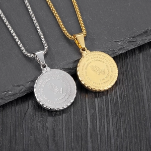Gold and silver stainless steel Serenity Prayer necklaces with praying hands relief