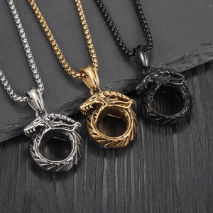 Ensemble de colliers avec pendentifs dragon rétro en acier inoxydable noir et or