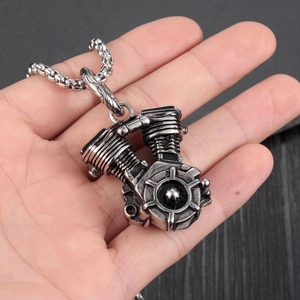 Retro V-twin engine motorcycle pendant in stainless steel with heavy round link chain