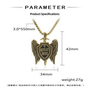 Detailed view of vintage titanium steel sword shield pendant with Michael wings