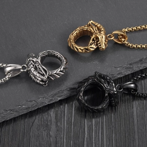 Colliers pendentifs dragon vintage en or, argent et noir mat en acier inoxydable