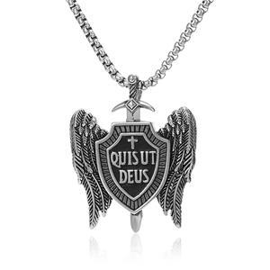 Detailed close-up of retro silver St. Michael sword shield pendant with angel wings