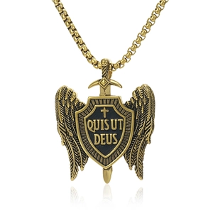 Vintage gold Archangel Michael sword shield pendant necklace with wings and cross detail