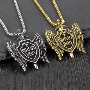Vintage gold and silver sword shield pendant necklace with angel wings and cross