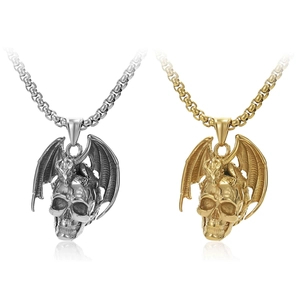 Collier Pendentif Aile de Dragon Squelette Gothique Rétro Acier Titane Punk Crâne pour Hommes Bijoux Mode Hip Hop