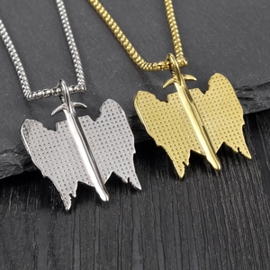 Retro titanium steel Michael sword shield pendant with angel wings and cross on bead chains