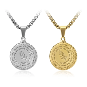 Stainless Steel Serenity Prayer Pendant Necklace For Men Women Praying Hands Round Embossed Religious Medallion Jewelry