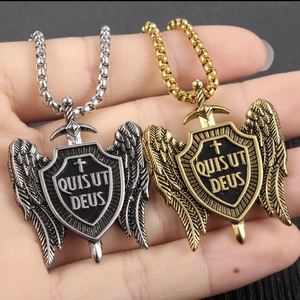 Retro titanium steel shield wings pendant necklace with sword and Quis Ut Deus engraving