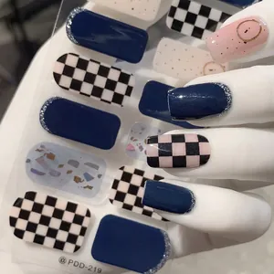 Geometric Checkerboard Pattern Full Cover Nail Stickers Self-Adhesive Deep Blue Pink DIY Nail Art Decals For Women Beauty