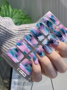 Detail of blue and purple marble ink style self-adhesive nail stickers with DY-006 model