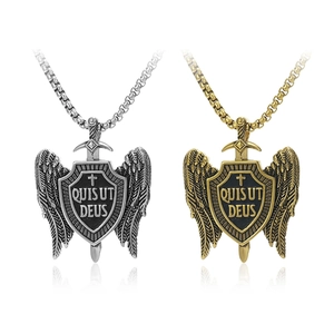 Retro Titanium Steel Michael Sword Shield Pendant Angel Wings Cross Necklace Gothic Religious Jewelry For Men Women