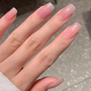 Pink ombre square fake nails with silver glitter gradient on elegant long fingertips