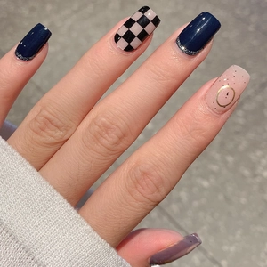 Autumn dark blue glitter and black white checkerboard full cover nail stickers