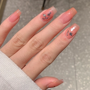 Long square gradient pink French press-on nails with silver holographic glitter flakes