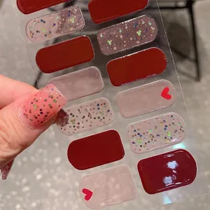 Valentine's Day Heart Pattern Wine Red Nail Art Stickers Waterproof Self Adhesive Glitter Nail Wraps For Women Beauty