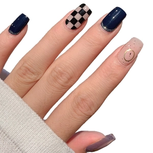 Glossy checkered and navy blue nail stickers set with glitter and gold line details