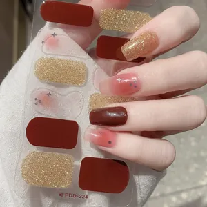 Sweet Valentine's Day Nail Art Stickers Gold Wine Red Translucent Blush Star Pattern Self Adhesive Full Wrap Nail Decals