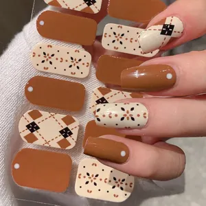 Full Wrap Self-Adhesive Nail Stickers Autumn Winter Caramel Brown Argyle Vintage Floral Print DIY Nail Art Decals For Women