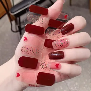 Burgundy and pink Valentine hearts nail stickers set with glossy glitter finish