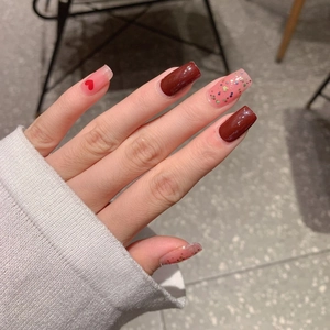 Burgundy Valentine square long press-on nails with red heart designs and glitter accents