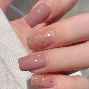 Glossy dust pink and gold glitter self-adhesive nail stickers in square shape