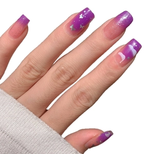 Purple gradient long square press-on nails with silver glitter, butterflies and clouds