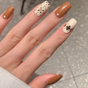 Autumn style caramel brown and beige check pattern self-adhesive full nail wraps
