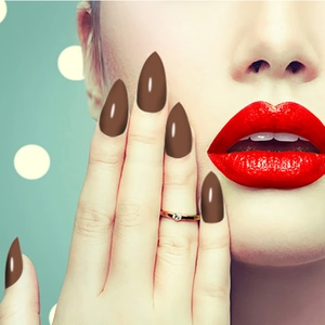 Glossy dark brown long stiletto artificial press-on nails on hands with shiny finish