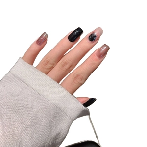 Glossy black and glitter cat eye press-on nails set in square-oval shape for women