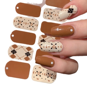 Retro argyle and floral self-adhesive full cover nail wraps in brown and beige colors