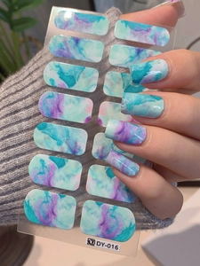 Detail of self-adhesive nail stickers with blue watercolor marble pattern DY-016 model